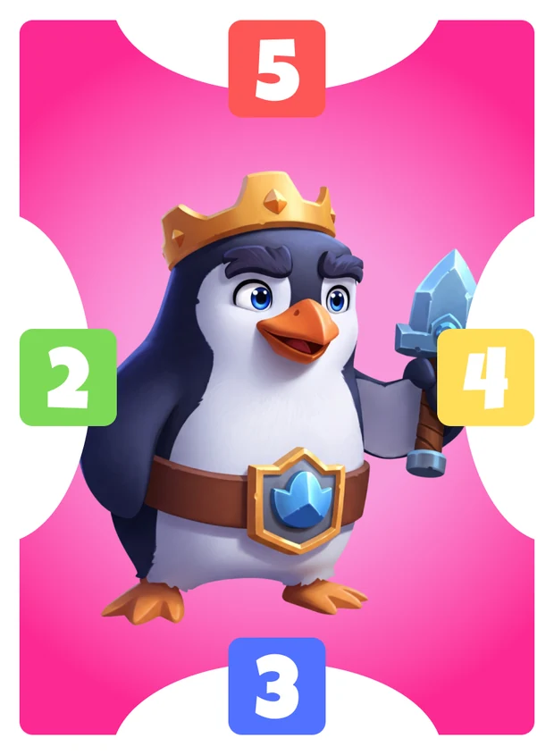 Pengu's card: pink frame, values 5 at the top, 4 on the right, 3 at the bottom and 2 on the left