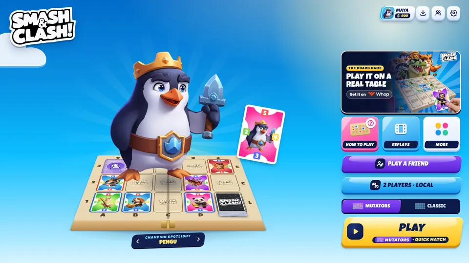 The lobby: champion spotlight on a real board, Play a friend, two players on one device, Mutators or Classic, and Play.