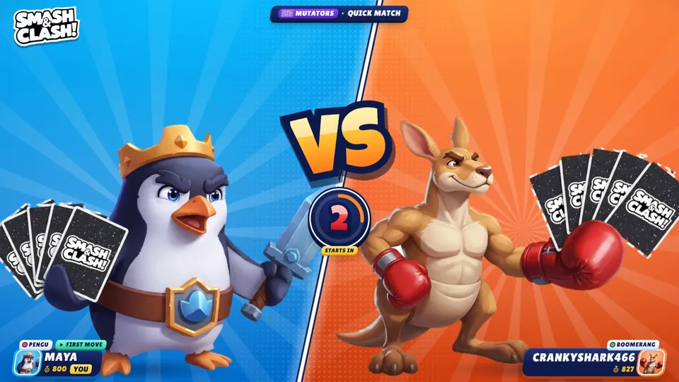 Quick match found: Maya (Pengu) versus CrankyShark466 (Boomerang), three seconds before the first move.