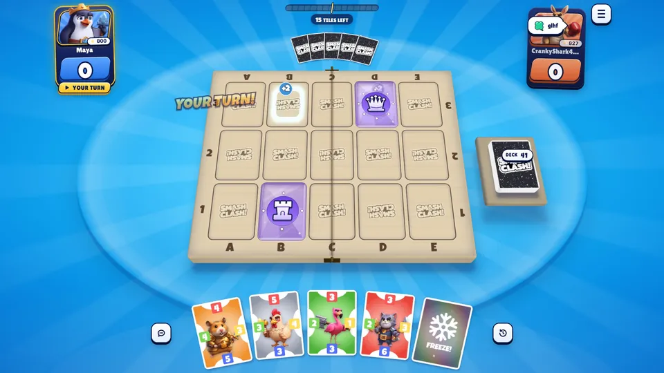 The 3x5 board at the start of a Mutators game, with two chess-piece tiles and a hand of five cards.