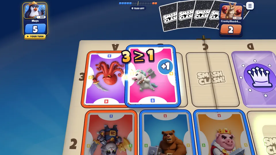 A capture: the played card touches an opponent card, 3 beats 1, and the card flips to blue.