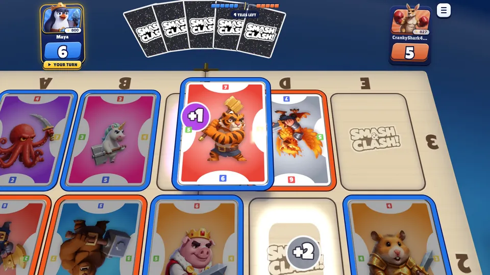 Mid-game: blue is you, orange is them, and every played card captures or defends.