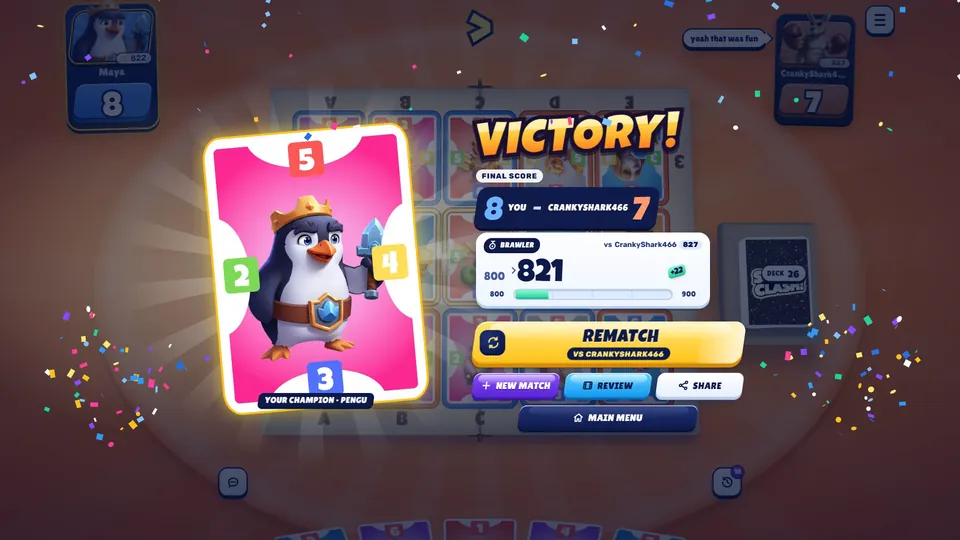 Victory: final score 8 to 7, rating change, Rematch, Review and Share.