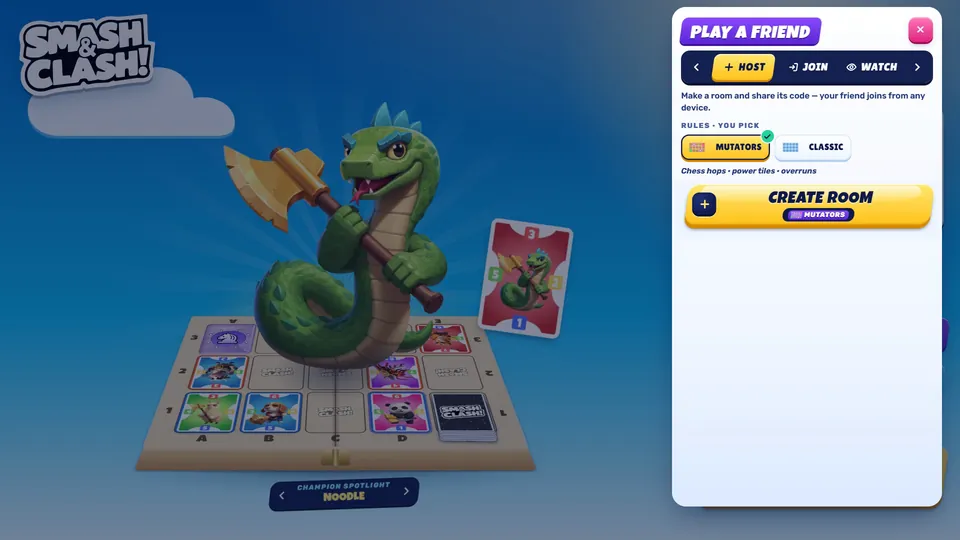 Play a friend: host a room, join with a code, or watch. One code works from every client.
